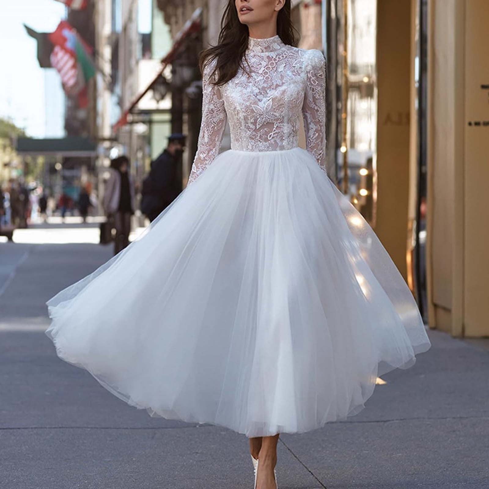 zanvin Wedding Guest Dresses for Women Women s Casual Fashion Lace Mesh Slim Fit Round Neck Midi Dress Evening Party Wedding Dress