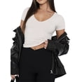 thumbnail image 1 of Fortune Women Rib T-Shirts Short Sleeve V-Neck Crop Tops Solid Color Slim Fit Tees, 1 of 6