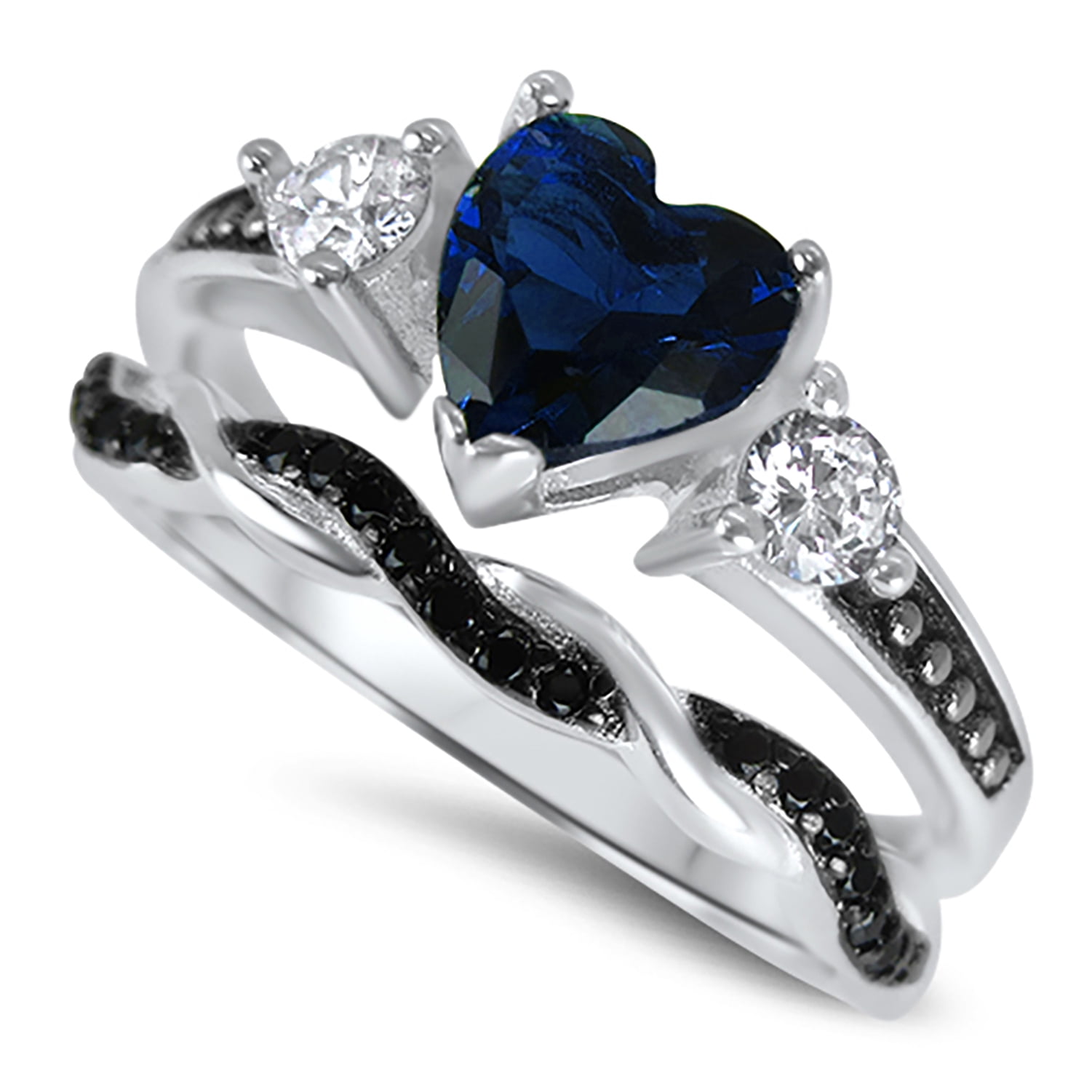 LaRaso & Co 1 Carat Heart Cut Blue Sapphire CZ Wedding Engagement Ring Set for Women Size 5