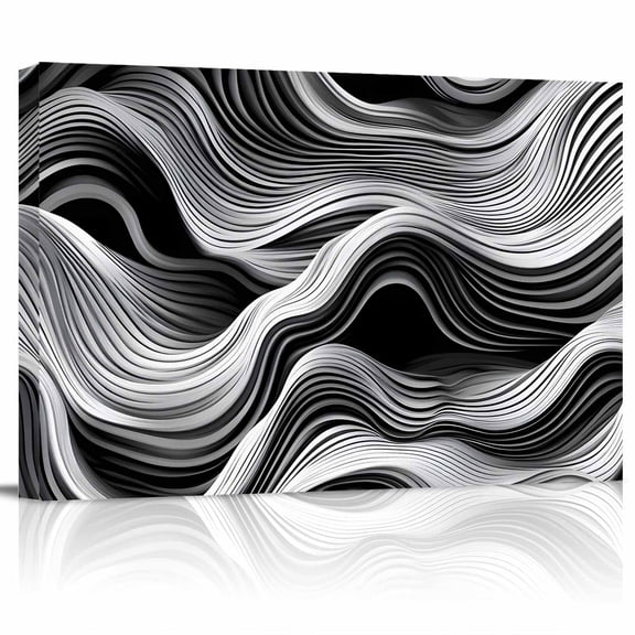 Abstract Canvas Print Wall Art Modern Black and White Wave Lines Texture Pictures Painting Morden Artwork for Living Room Bedroom, Ready to Hang - 12"x16"
