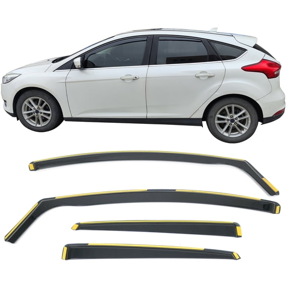 Ikon Motorsports Window Visors Fits 2012-2018 Ford Focus Sedan & Hatchback, In Channel Injection PC Black Rain Guards, Side Window Wind Deflector 4PCS