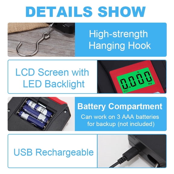 YAHHU Portable Digital Hanging Fish Scale 50kg/110lb with 1.5m Tape Measure, Rechargeable, LCD, Auto-Off, Ergonomic Handle