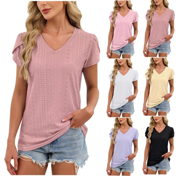 Inverlee Women's Crochet Petal Short Sleeve Tunic Tops Eyelet Embroidered V Neck Blouse Dressy Casual Solid Shirts
