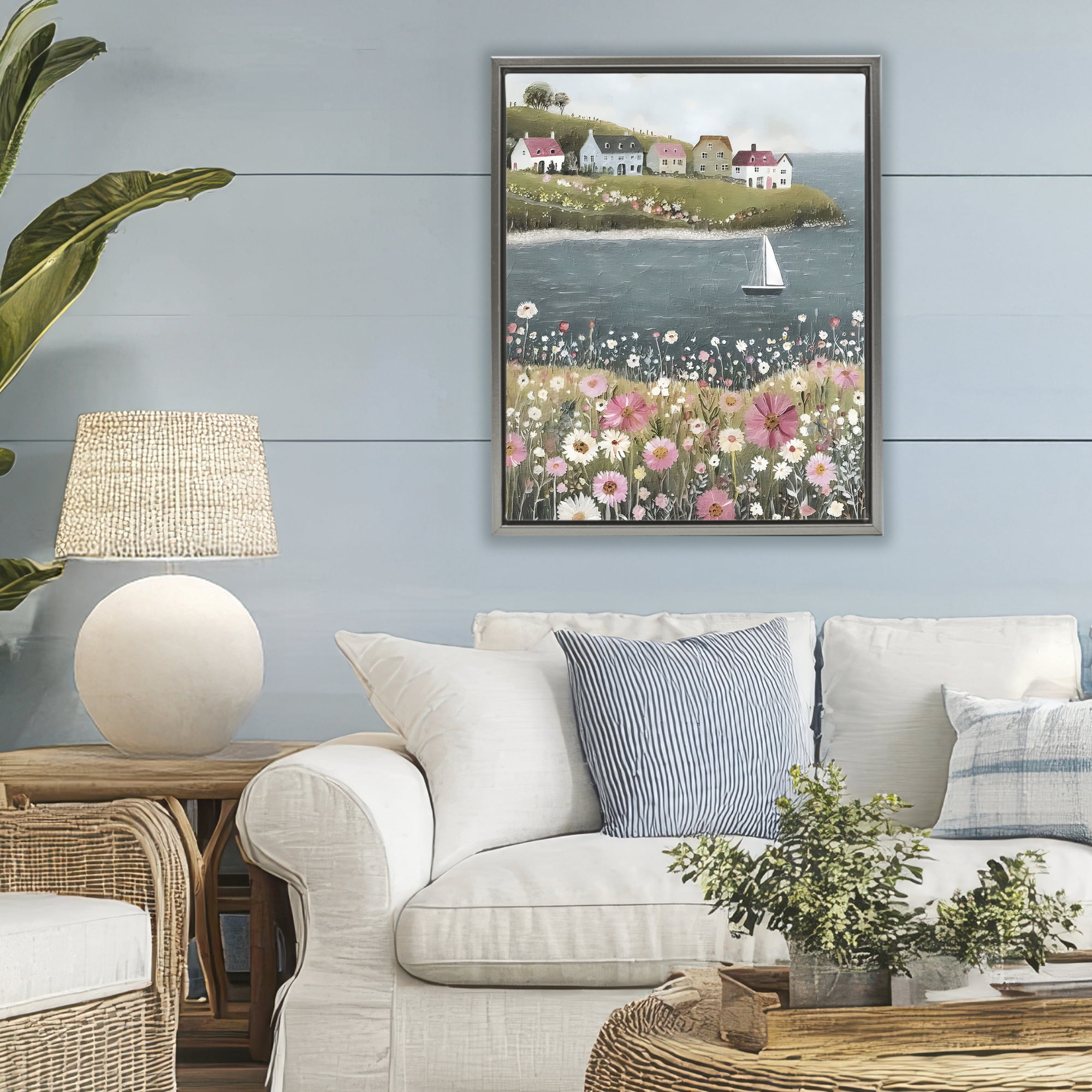 Stupell Industries Pink Meadow & Sailboats Gray Framed Floater Canvas Wall Art, design by Riley B