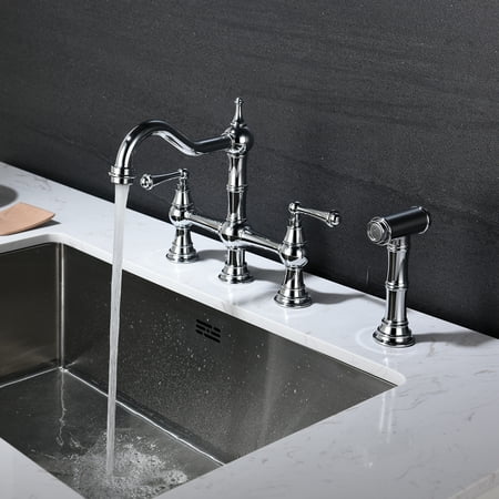 

Furniturevio Bridge Dual Handles Kitchen Faucet With Pull-Out Side Spray in