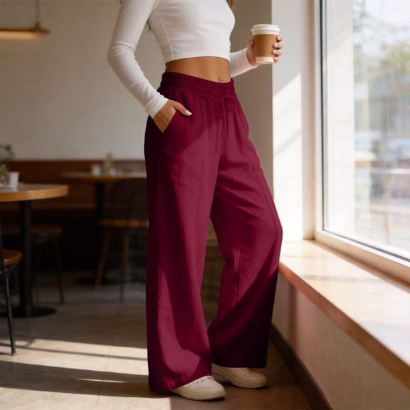Utoimkio Women's High Waist Linen Blend Pants,Drawstring Waist Wide Leg Trousers with Pockets