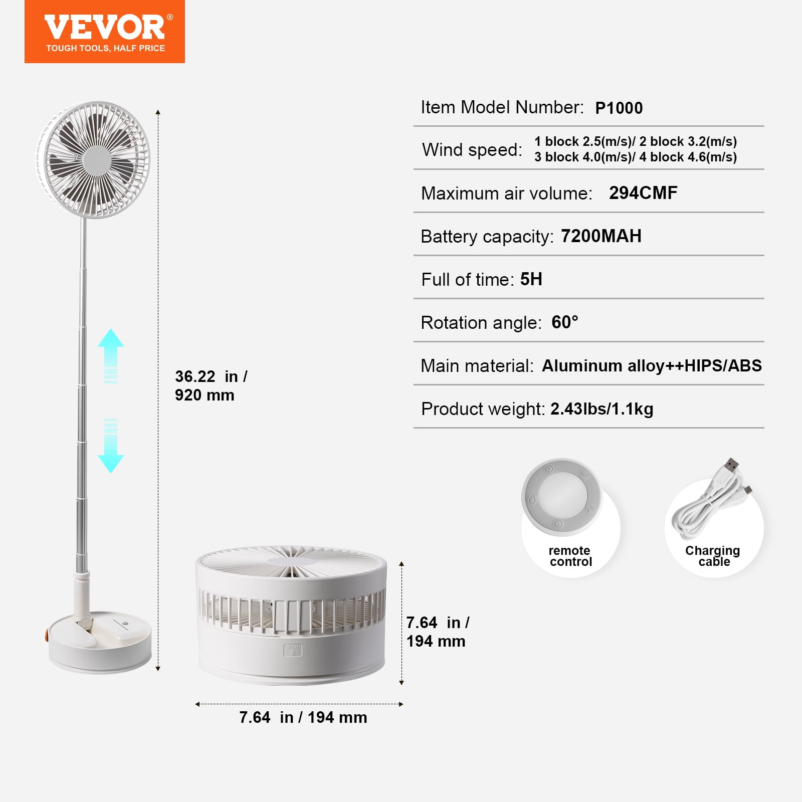 VEVOR 8 Inch Foldable Oscillating Standing Fan with Remote Control, 4 Speed Adjustable Portable Desk Quiet Fan, 7200mah Rechargeable USB Small Fan, Folded Rotating Floor Fan