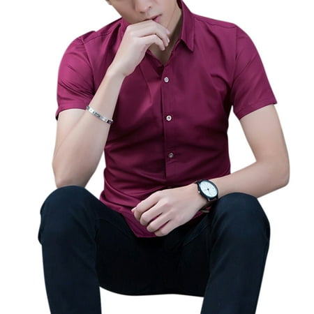 Men Fashion Short-sleeved Shirts Solid Color No Ironing Business Attire Slim Tops wine red (Best Iron For Business Shirts)
