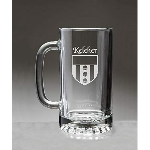 Keleher Irish Coat of Arms Glass Beer Mug (Sand Etched)