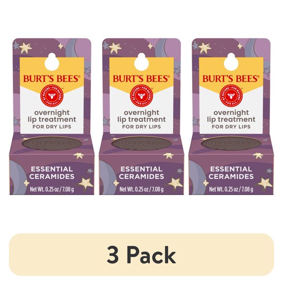 (3 pack) Burt's Bees Overnight Lip Treatment for Dry Lips, With Essential Ceramides, 0.25 oz.
