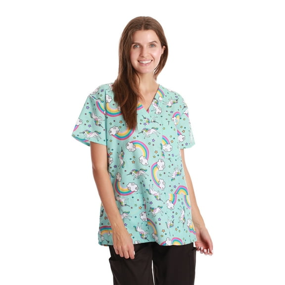 Just Love Women's Medical V-Neck Scrub Tops (Turquoise - Unicorn Rainbow, Medium)