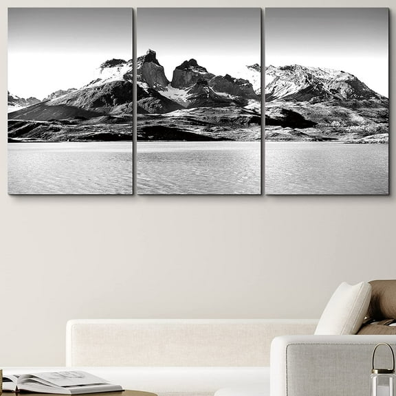 PixonSign Canvas Print Wall Art Vintage High Contrast Mountain Range & Lake Nature Wilderness Photography Realism Rustic Landscape Black and White for Living Room, Bedroom, Office - 24"x36"x3