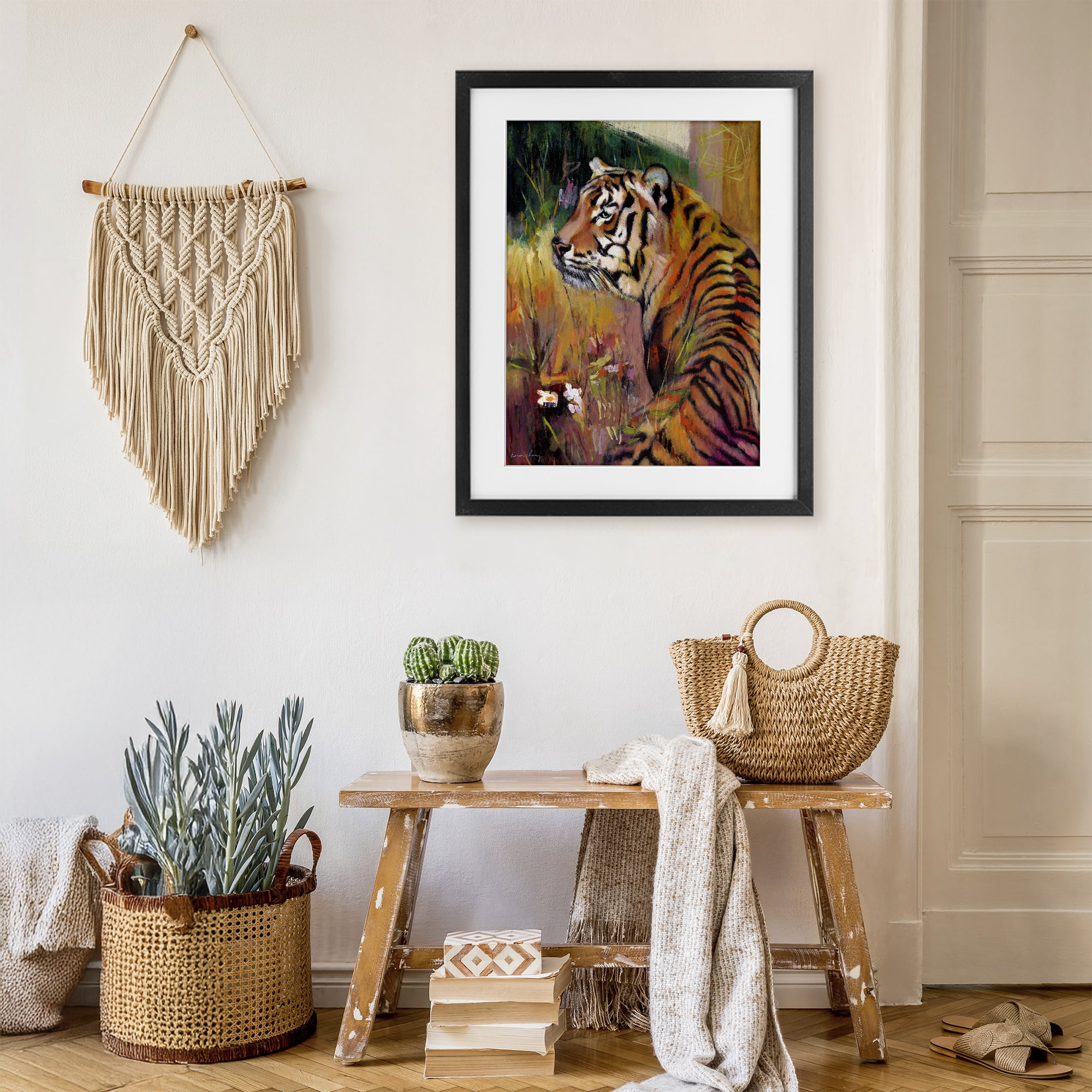 Stupell Industries Patience Tiger in Wait Black Framed Print Under Glass, design by Karen Chang