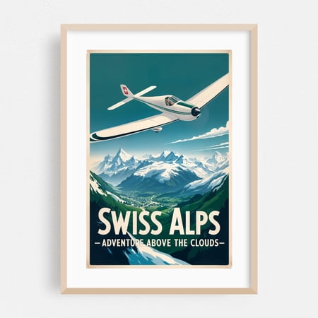 Swiss Alps Poster: Vintage Glider Adventure Art - Airolo Ticino Switzerland Illustration Travel Poster Vintage Poster Airplane Mountain Landscape Oak Framed Wall Art Print 5 x 7 inches
