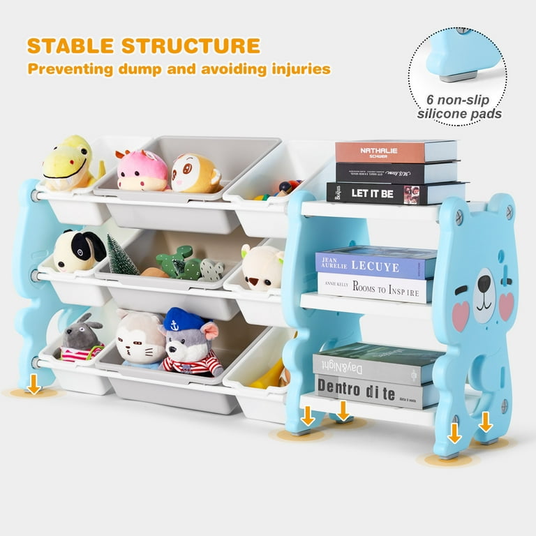  JOYLDIAS Kids' Toy Storage Organizer, 3-Tier Shelves Kids  Storage Organizer for Toys with 9 Removable Bins, DIY Stickers, Cartoon  Bear Style 47.2''x13''x25.4'', Blue : Baby