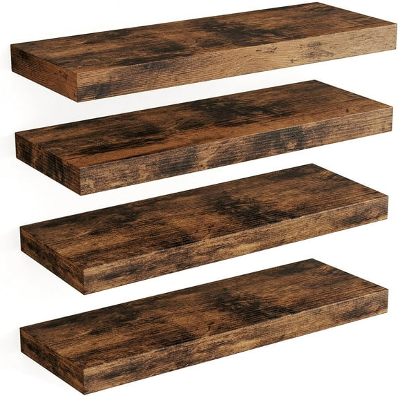 15.8in Wall Shelves, Rustic Wood Finish Floating Shelves Set of 4, Shelves for Wall Decor, with Invisible Brackets for Bathroom, Living Room,Bedroom and Kitchen(Rustic Brown)