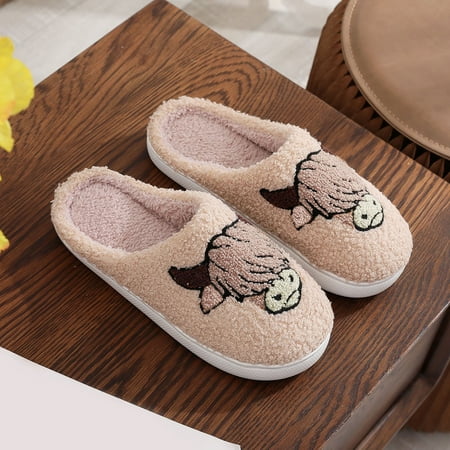 

Krdevn Slippers for Women Couple Winter Cute Cow Pattern Cartoon Large Size Warm Padded Cotton Slippers -Khaki 41