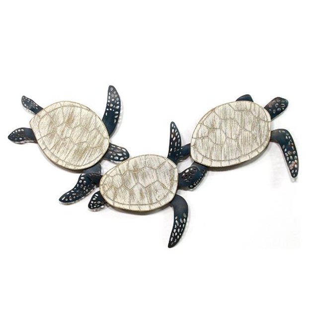 Stratton Home Decor S21051 Metal & Wood Carved Turtle Wall Decor - Blue & White