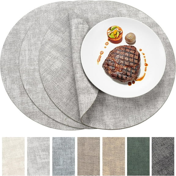 Set of 4 Light Gray Reversible Faux Leather Round Placemats Vinyl Waterproof and Stain Resistant for Kitchen and Dining Room