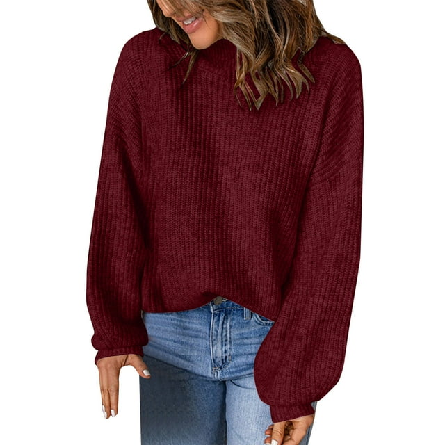 Duoif Chandails pour Femmes Tendance Haut pour Femmes Col Roulé Couleur Unie Chandail Ample à Enfiler Chandails pour Femmes Hauts pour Femmes Rouge G