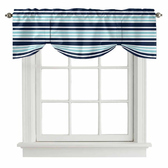 Tie Up Valances for Windows, Navy Blue Turquoise Striped Adjustable Valance Curtains Window Treatment for Living Room, Gradient Horizontal Lines Rod Pocket Kitchen Curtains & Drapes 54x18 Inch