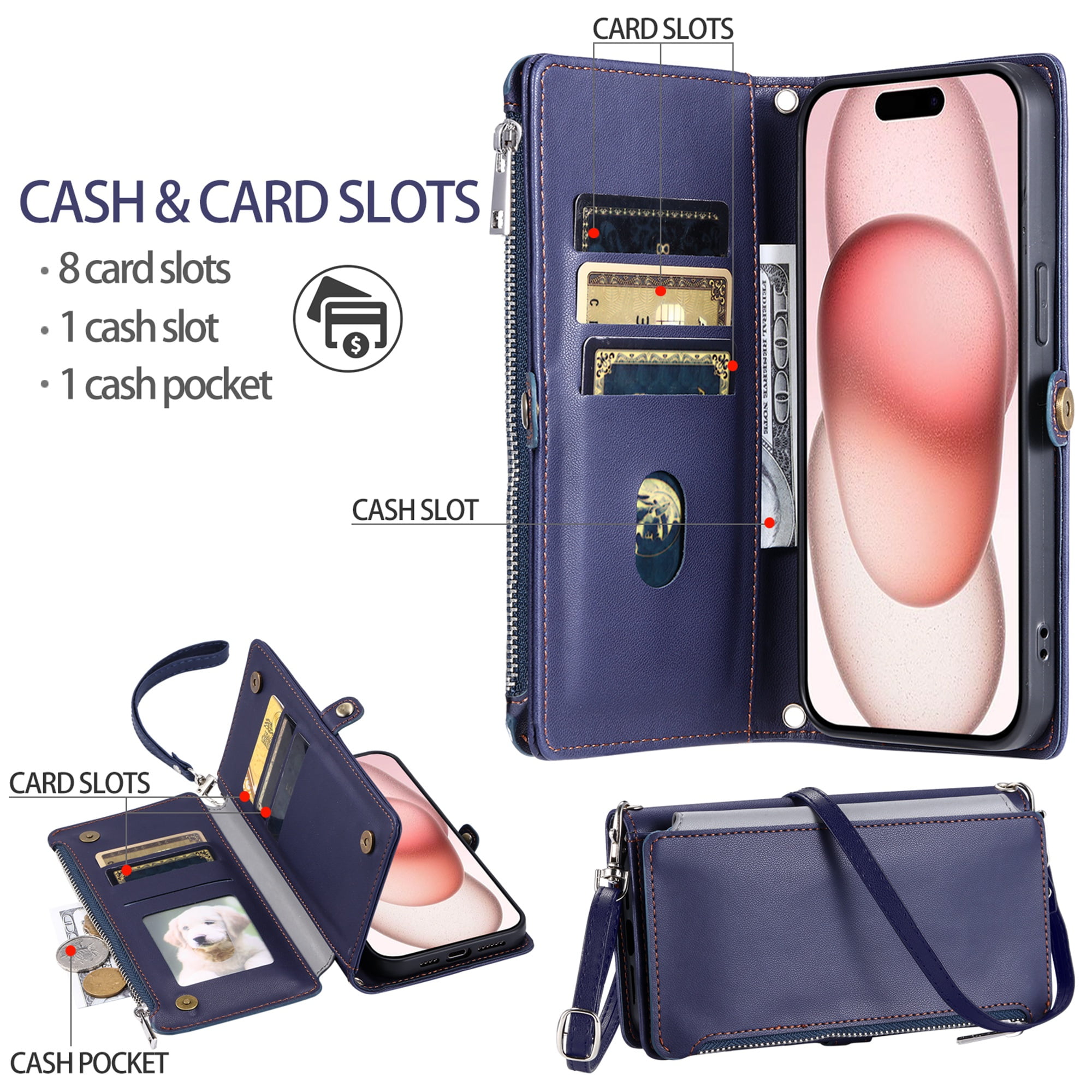 Dteck for iPhone 15 Pro Max Wallet Case, Crossbody Zipper Purse with Wrist for Women Men, 8-Card Slots Holder PU Leather Kickstand Flip Cover Phone Case,Blue