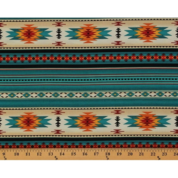 Cotton Southwestern Aztec Tucson 201 Turquoise Stripes Pattern Cotton Fabric Print by the Yard (201-turquoise)