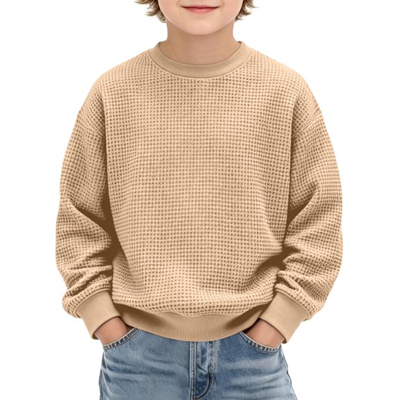 Abcomgle Kids Long Sleeve Shirt Boys Thermal Waffle Crewneck Tee for Boys Winter Basic Boys Tops Warm Boys Sweatshirts