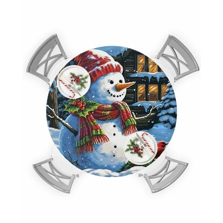 

Round Tablecloth with Elastic Christmas Snowman with Red Cardinal Bird Waterproof Stain-proof Table Cover Wipeable Fitted Table Cloths for 55 -60 Round Tables Dining Kitchen Indoor Outdoor Use