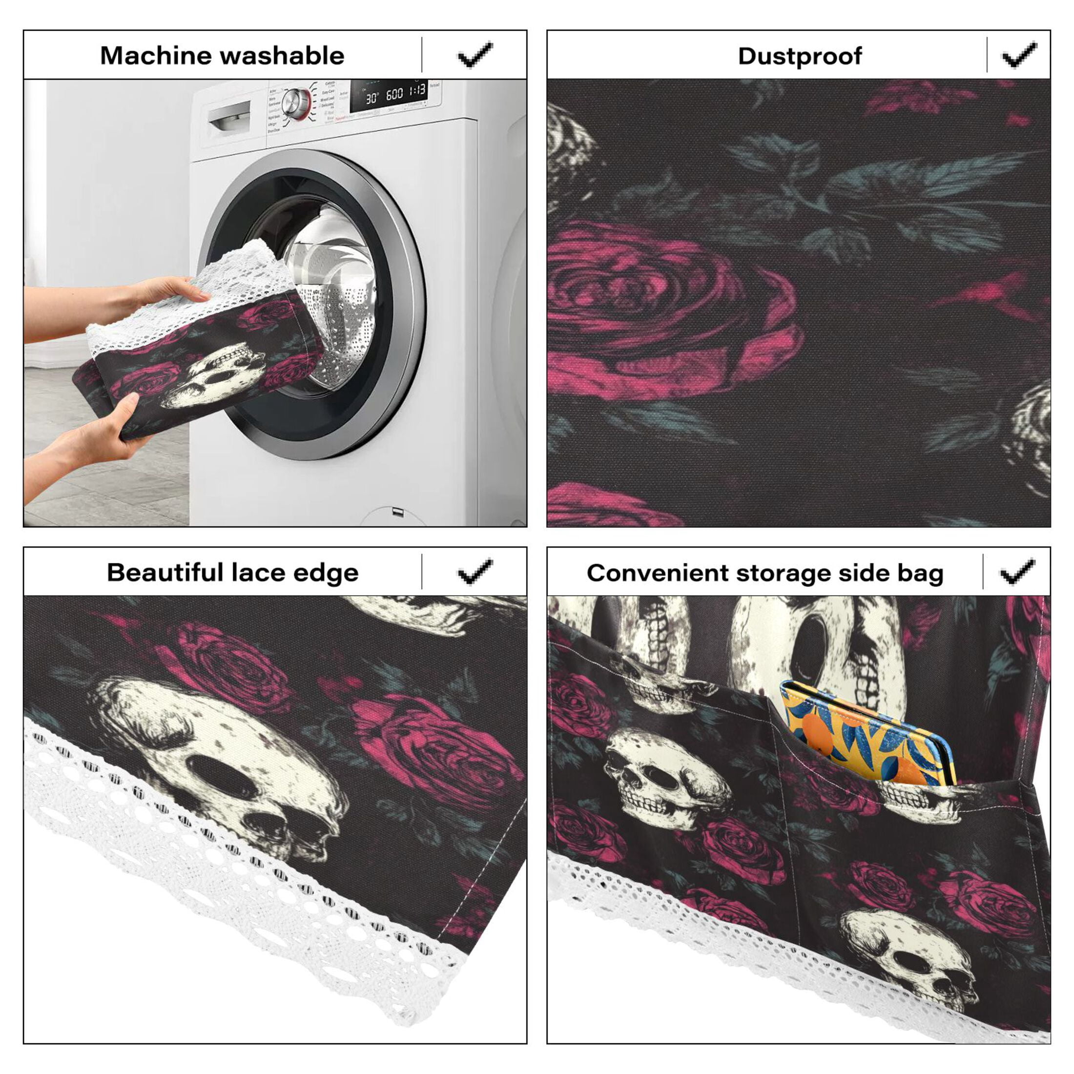 WOBOGO Skull Burgundy Roses Pattern Washing Machine Cloth Dryer Refrigerator Top Cover Protective Non-Slip Mat For Kitchen Laundry