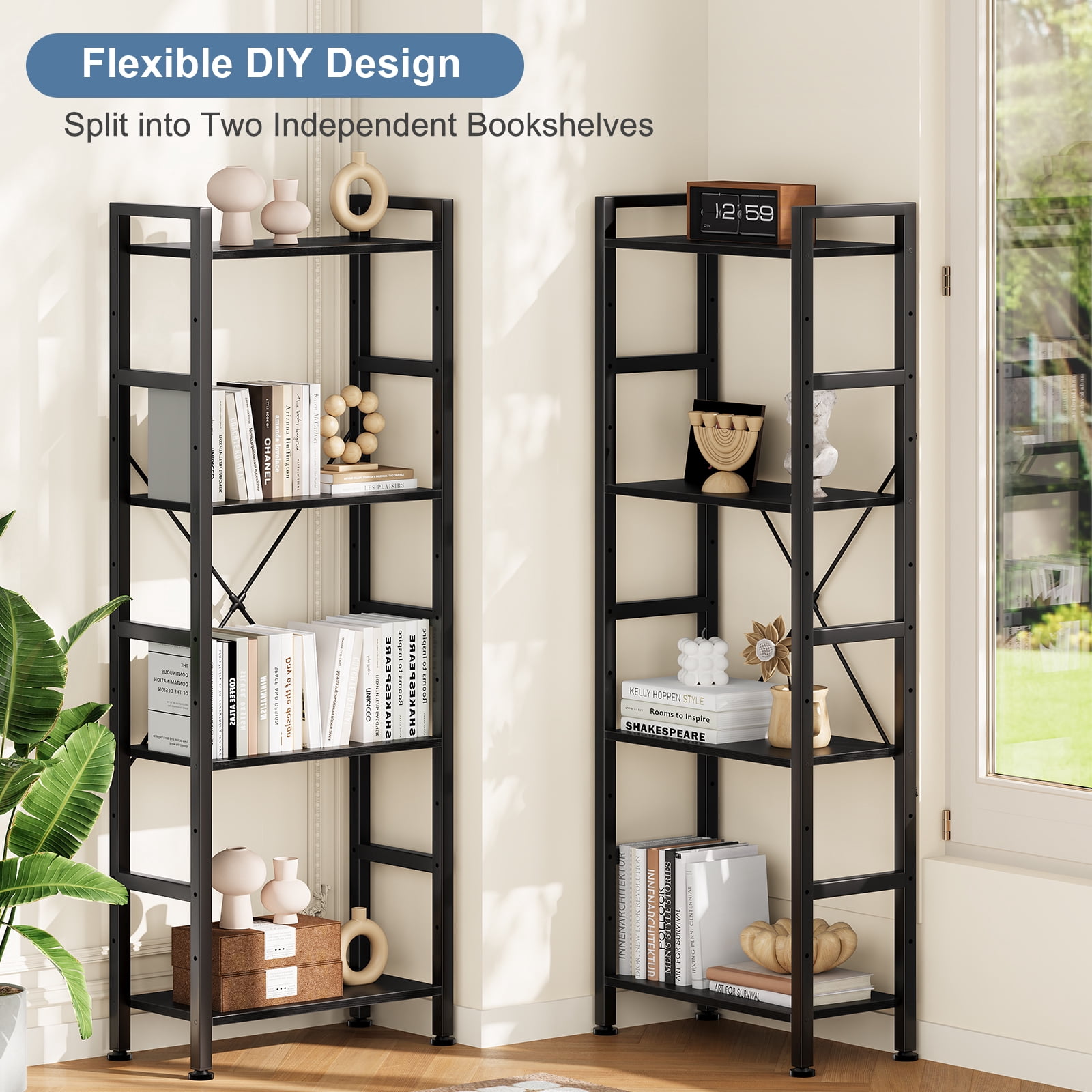 Gianna Modular Bookshelf, Adjustable Height 4-Tier Wide Display Shelves, Convertible Industrial Bookcase for Living Room, Study & Bedroom, Black