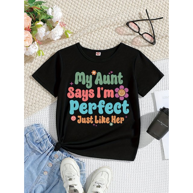 T-Shirt à Imprimé Floral "Ma Tante Dit Que Je Suis Parfaite comme Elle" pour Fille - Col Rond Décontracté, Manches Courtes, Haut Léger en Tricot pour Printemps/été, Automne, Tenue Décontractée / Haut à Imprimé Ludique / Confortable