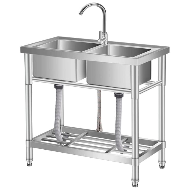 Bingirl 33-Inch Free-Standing Stainless Steel Utility Sink for Garage, Laundry Room, Workshop, Silver, with Hot/Cold Water Pipes Included