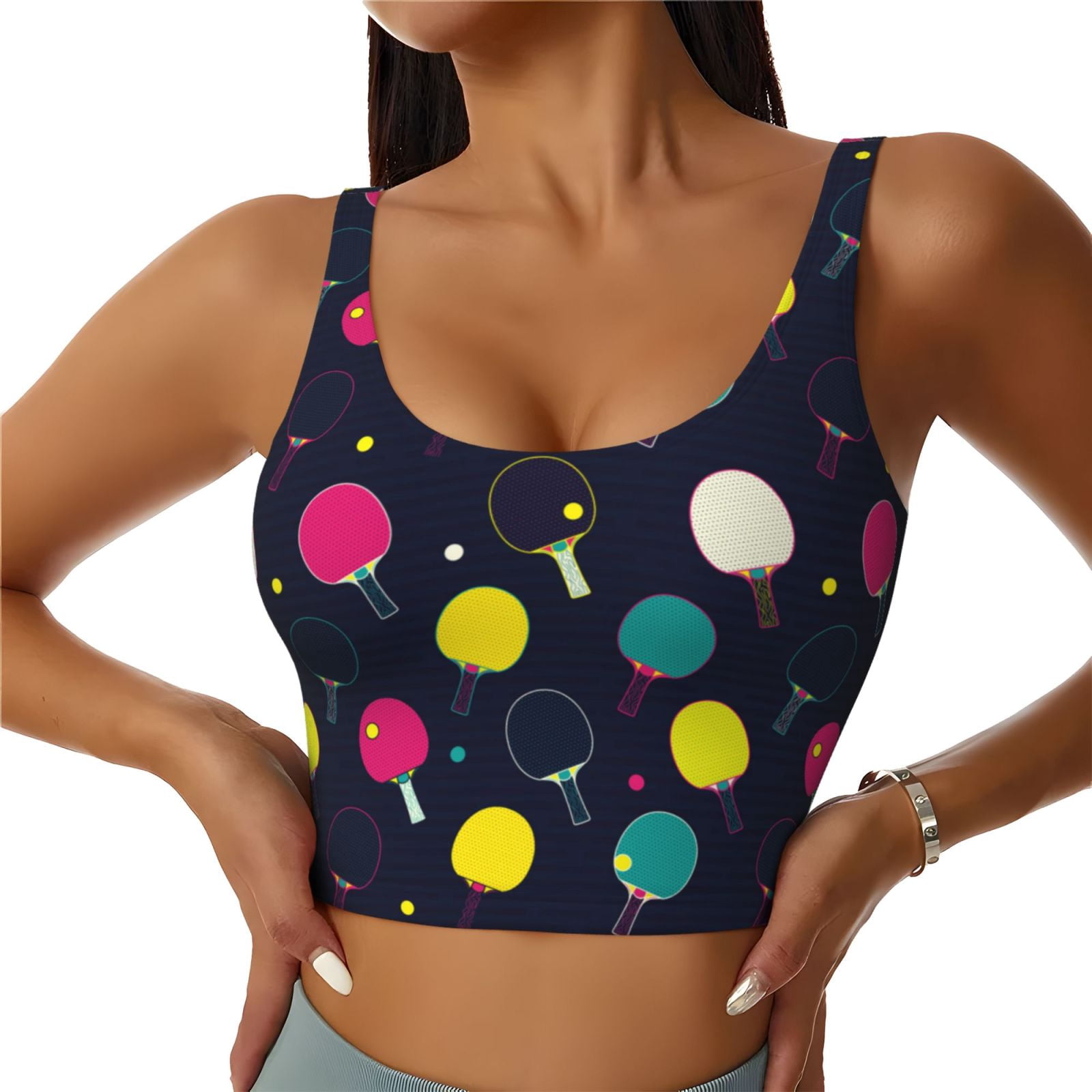 Lsque Colorful Ping Pong Rackets Printed Women'S Sports Bra, Compression, Moisture Wicking, High-Impact Sports Bra For Women,Supportive sports bra-Large