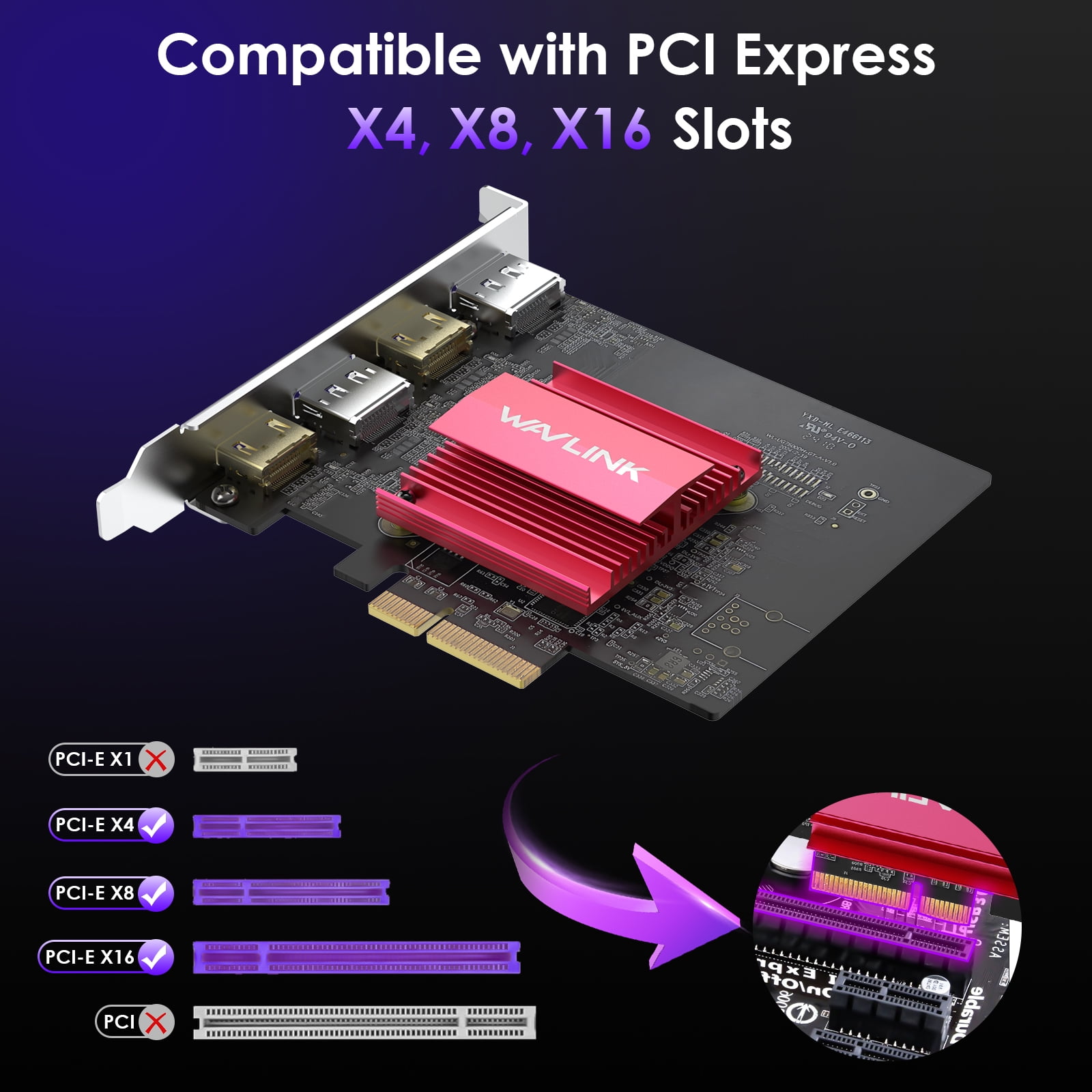 WAVLINK 4K/8K Computer PCIe 3.0 Video Card, PCIe to Quad 4K/Dual DP 8K Graphics Card with 2HDMI+2DP Ports for Windows 11/10 & Ubuntu