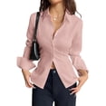 thumbnail image 2 of Women Button Up Shirt Long Sleeve Shirt V Neck Collared Blouse Aesthetic Work Tops Pink XS, 2 of 7