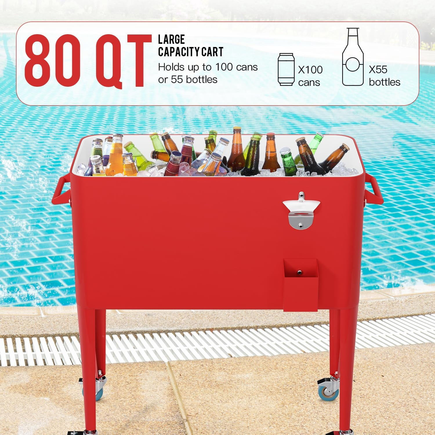 XF XINFENG 80 Quart Rolling Ice Chest on Wheels Outdoor Indoor Bottle Opener&Cap Catcher, Portable Patio Party Bar Drink Cooler Cart with Shelf, Red