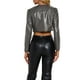 thumbnail image 3 of Chaquetas cortas de cuero PU Inspire Chic para mujer, chaqueta de manga larga de frente abierto, color gris oscuro, 3 of 6