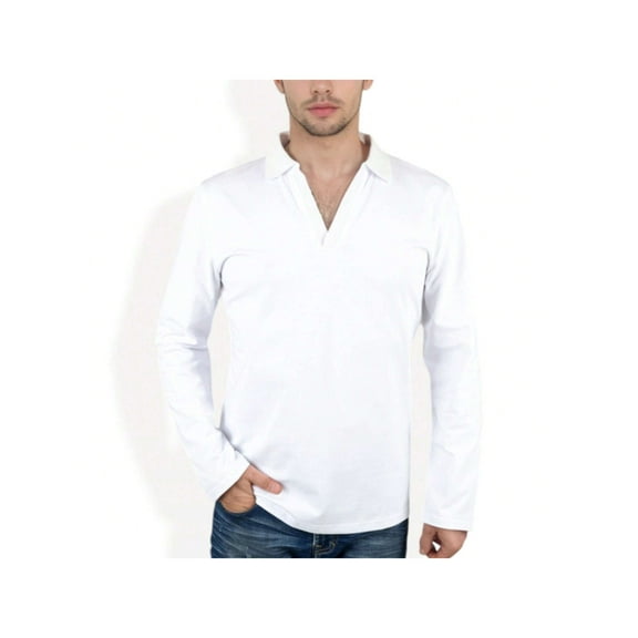 Men's Long Sleeve Polo Shirt with Spread Collar and Relaxed Fit- Medium, White