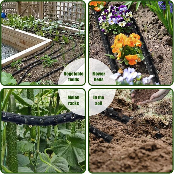 Flat Soaker Hose 100ft, Heavy Duty Double Layer Drip Irrigation Hose, Leak Proof Garden Watering System, Saves 80% Water