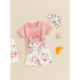 thumbnail image 3 of Nygoyerh Toddler Little Girls Summer Cute Outfits Short Sleeve Letter Print T-shirt + Floral Print Belted Shorts + Headband 3Pcs Kids Casual Short Pants Sets 12M-5T, 3 of 9