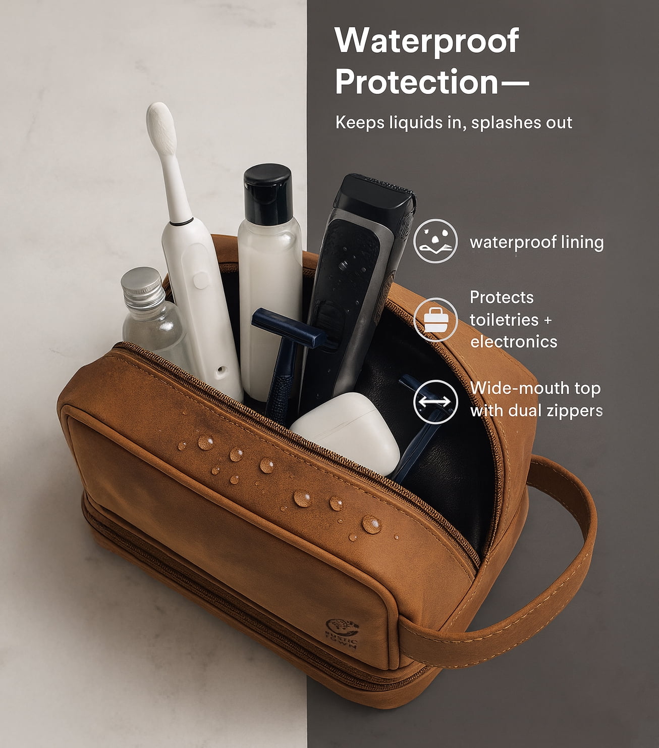 Leather Toiletry Bag Shaving Dopp Kit Travel Case Cosmetic Toiletries Organizer Makeup Bag for Men & Women by Rustic Town