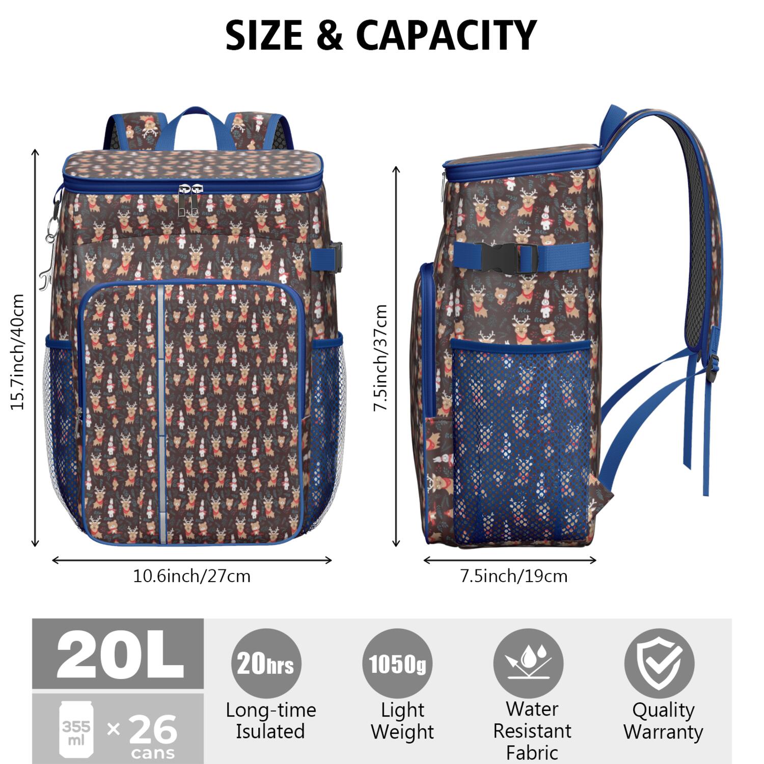 Travel Cooler Bag - Dark Christmas Animal Pattern Camping Beer Cooler Backpack with Bottle Opener- Waterproof Insulated Picnic Backpacks - Cooler Bag for Beach