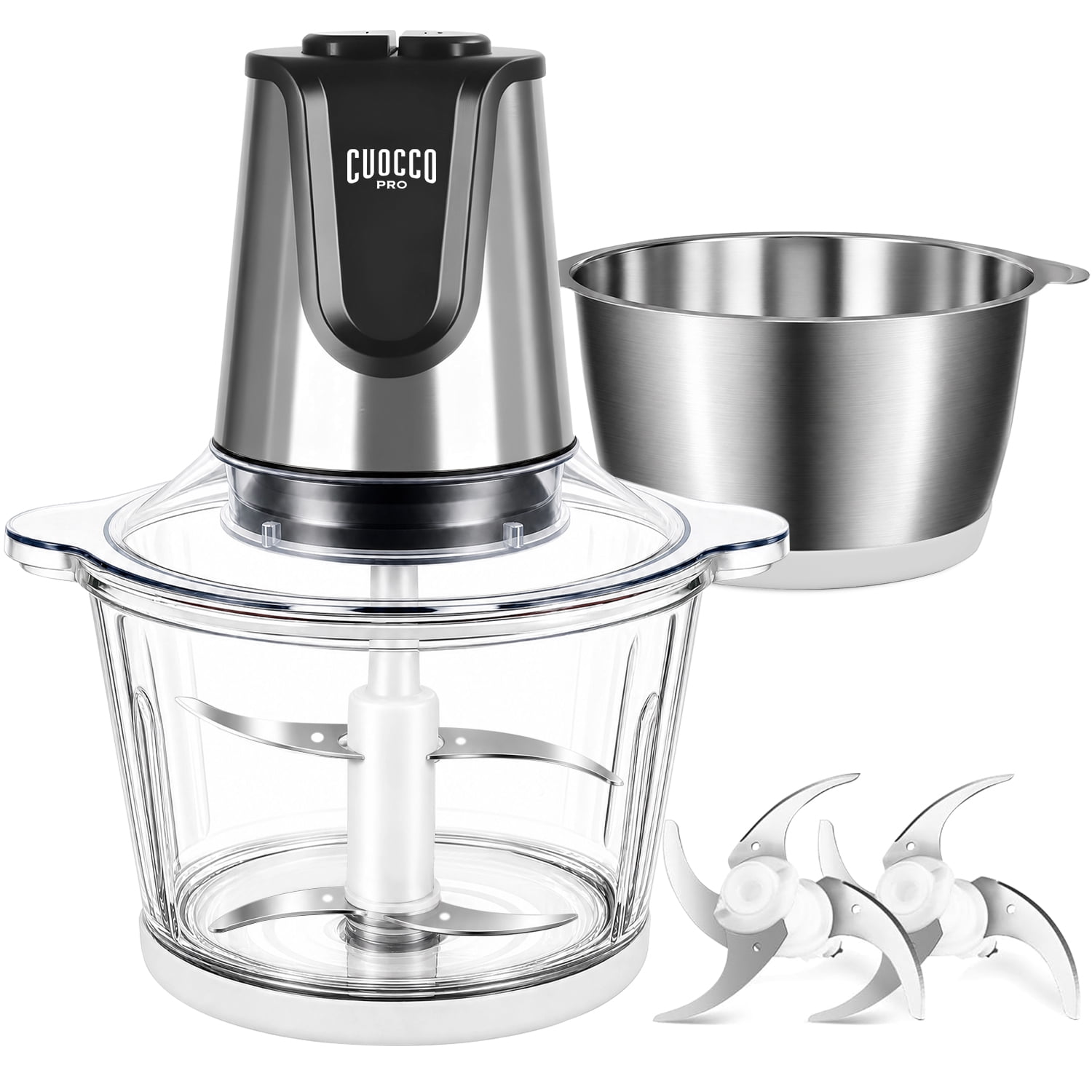 CUOCCO PRO 500W Food Processor, Electric Food Chopper with 2 Bowls (8 Cup+8 Cup), Meat Grinder for Vegetable, Baby Food, Salsa, Includes 2 Sets of Bi-Level Blades