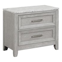 Benjara Ion 30" Nightstand- 2 Drawers- White Marble Top- Farmhouse Gray Wood