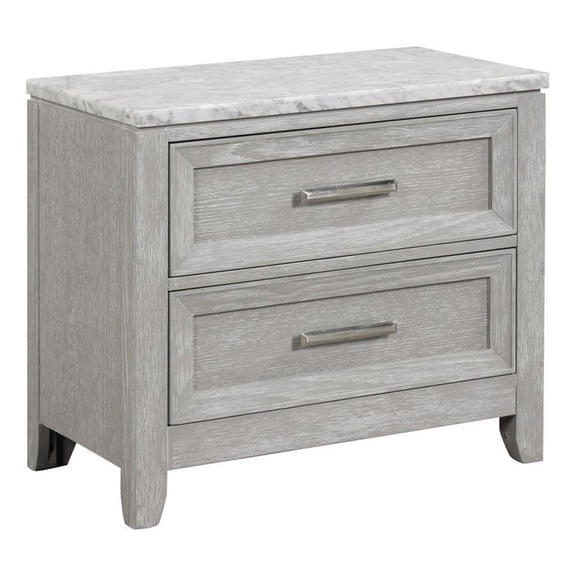 Benjara Ion 30" Nightstand- 2 Drawers- White Marble Top- Farmhouse Gray Wood