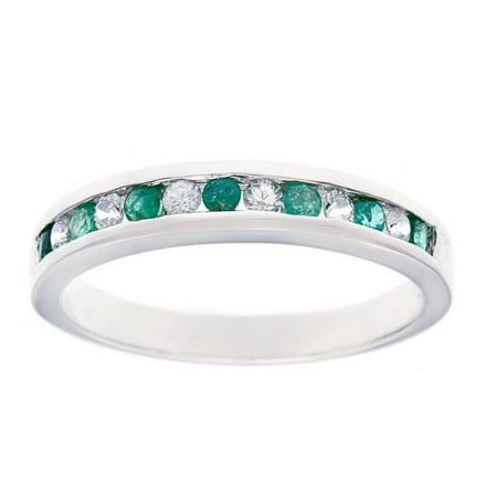 10k White Gold Emerald and White Sapphire Anniversary Wedding Band