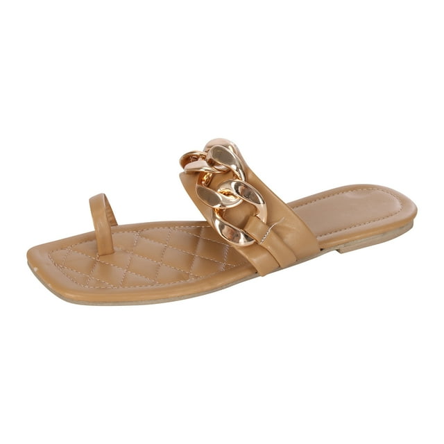 Womens Casual Vacation Open Toe Decorative Buckle Chain Solid Flat Beach Sandals