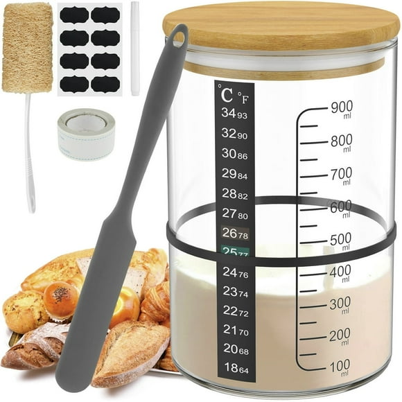 Sourdough Starter Jar Kit 900ml Sourdough Starter Container Wide Mouth Glass Sourdough Starter Cup with Wooden Lid