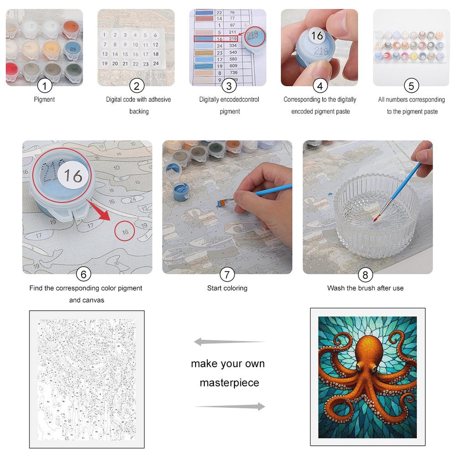 Paint by Numbers Kit for Adults, Orange Octopus Blue Mosaic Ocean Paint by Numbers, Easy Paint by Numbers Kit for Adults Beginner, DIY Adult Paint by Number Kits on Canvas, Home Decor